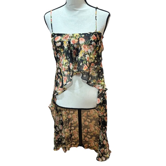 UNIF Tops - UNIF Black‎ Floral Sheer High Low Chiffon Cami Top Dress Spaghetti Strap XS NWT